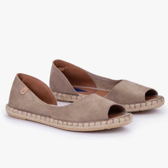 Verbena 'Cruz' Taupe Suede Espadrilles Women's 40 / US 8 Open Toe Slip On Flat - Picture 1 of 10